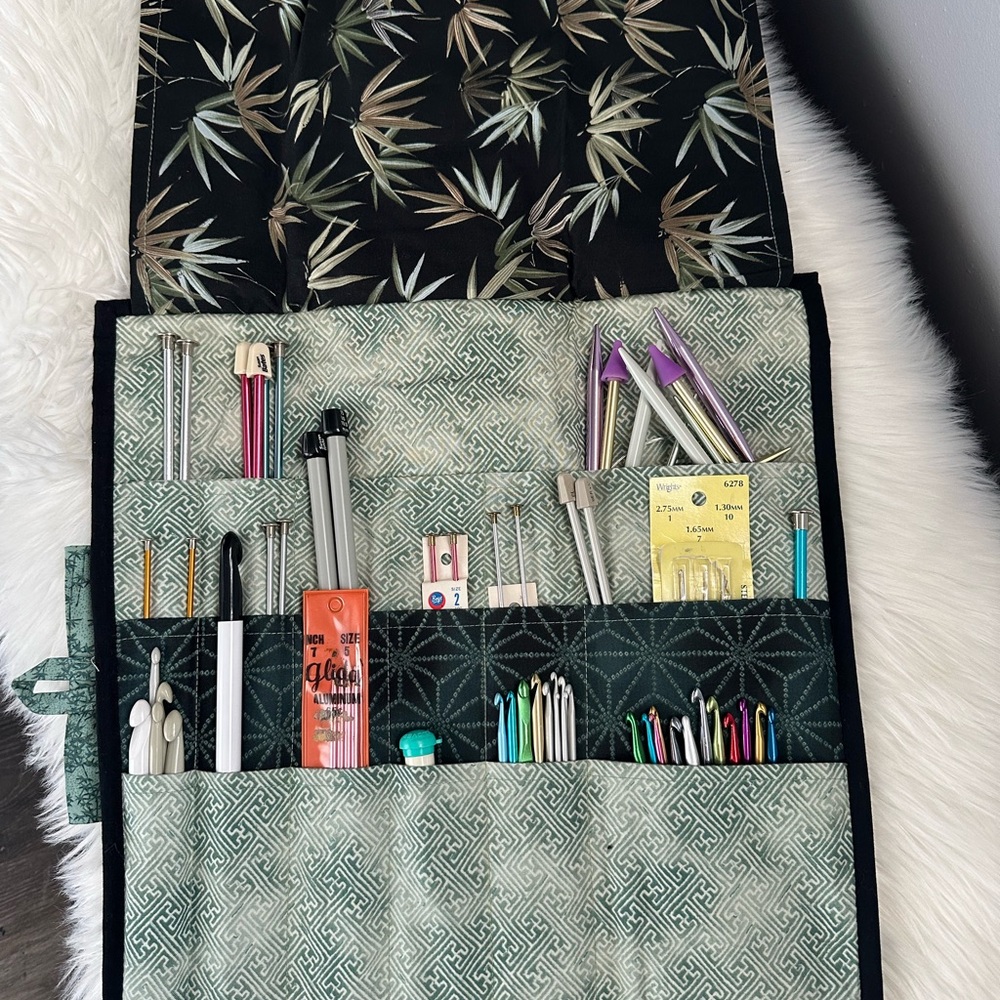 Green and Black Knitting Needle Organizer - Durable - Hand Made One of a Kind
